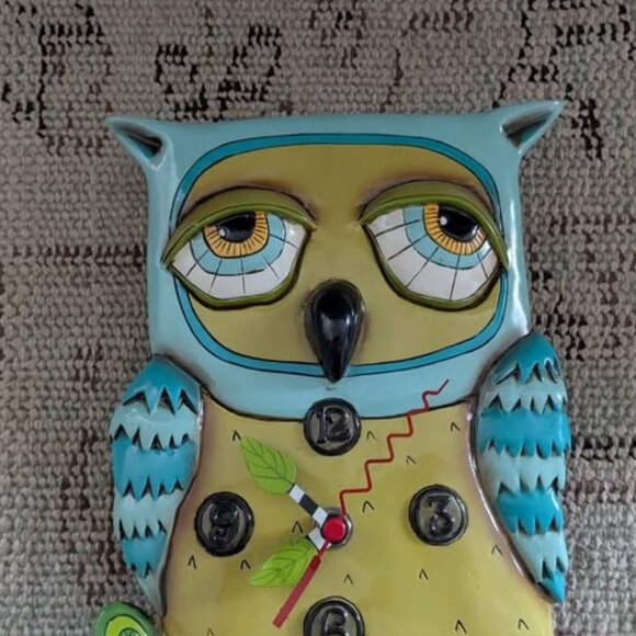 Handmade Whimsical Ceramic Owl Wall Clock by Allen Studios - Picture 2 of 6